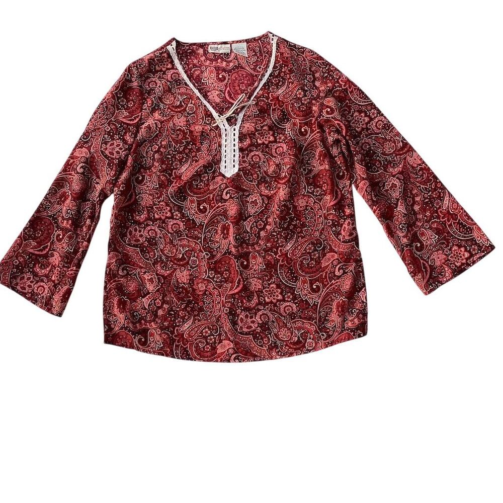 Faded‎ Glory Women's Size 14 Red Paisley V-Neck 3/4 Sleeve Blouse